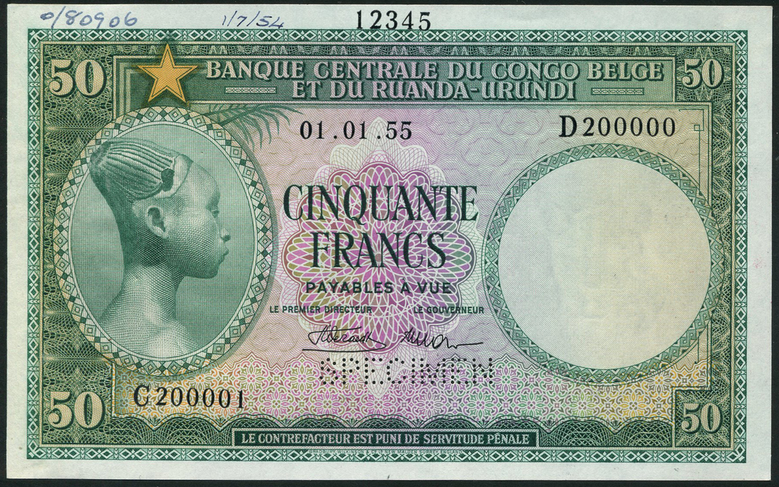 (†) Banque Centrale du Congo Belge et du Ruanda-Urundi, printer's archival specimen 50 Francs, 1