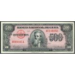 Banco Nacional de Cuba, 500 pesos, 1950, serial number A018665A, black on light red underprint,