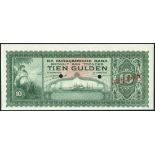 (x) De Curacaosche Bank, specimen 10 gulden, 1943, red zero serial numbers, green on red and green