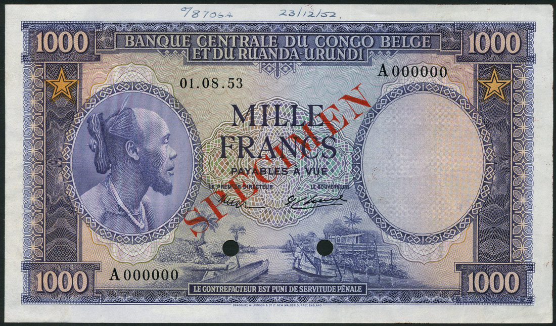 (†) Banque Centrale du Congo Belge et du Ruanda-Urundi, specimen 1000 Francs, 1 August 1953,