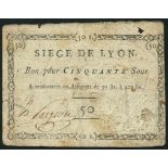 Siege de Lyon, France, 50 sous, ND (1790), no serial number, black text on cream parchment like