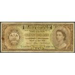 Government of British Honduras, $20, 1 May 1965, serial number E/1 168765, brown on green and