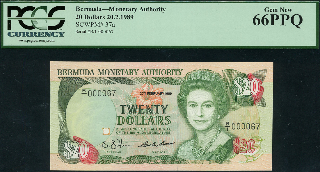 (x) Bermuda Monetary Authority, $20, 20 February 1989, serial number B/1 000067, green on