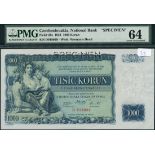 (x) National Bank, Czechoslovakia, specimen 1000 korun, 1934, serial number D918029, dark blue on