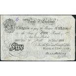 Bank of England, E M Harvey, £5, Hull, 21 December 1918, serial number 80U 83216, black and white,