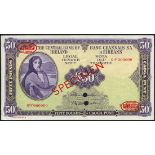 (†) Central Bank of Ireland, specimen £20, 16. 1. 01, serial number O1X 000000, red and