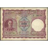 (x) Government of Ceylon, 50 rupees, 12 July 1944, serial number K7 33756, purple on multicolour