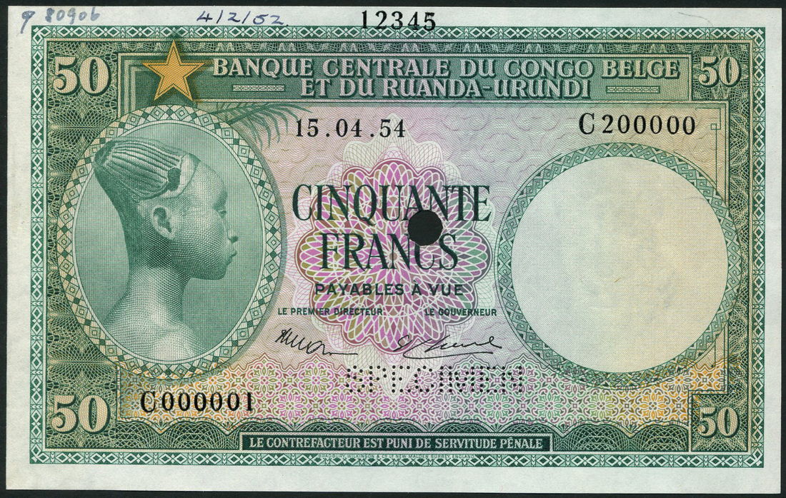 (†) Banque Centrale du Congo Belge et du Ruanda-Urundi, printer's archival specimen 50 Francs, 15