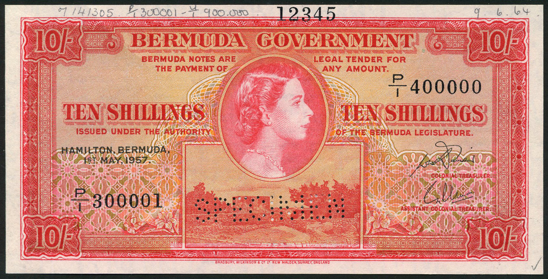 (†) Bermuda Government, printer's archival specimen 10 Shillings, 1 May 1957, serial number run P/