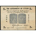 Government of Ceylon, 5c (2), 1 June 1942, serial numbers B545652 and B545653, black and grey-green,