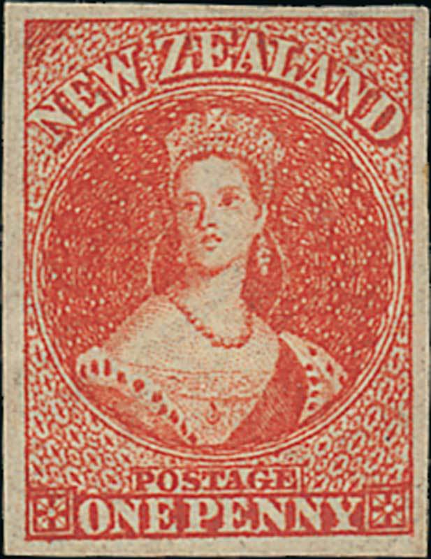 New Zealand1862-64 Watermark Large StarImperforate1d. carmine-vermilion with large margins, unused