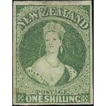 New Zealand1864 Watermark "NZ"Imperforate1/- green with good to large margins, unused with small