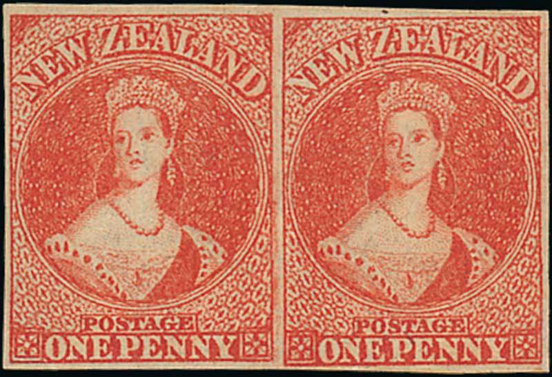 New Zealand1862-64 Watermark Large StarImperforate1d. orange-vermilion horizontal pair with good