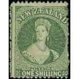 New Zealand1864 Watermark "NZ"Perf. 13 (line) at Dunedin1/- green, unused with small part original