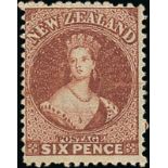 New Zealand1864 Watermark "NZ"Perf. 12½ (comb) at Auckland6d. red-brown, unused with large part