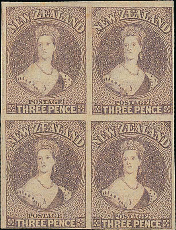 New Zealand1862-64 Watermark Large StarImperforate3d. brown-lilac block of four with close to