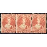 New Zealand1864-71 Watermark Large Star, Perf. 12½ at Auckland1d. carmine-vermilion strip of