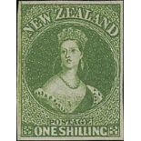 New Zealand1855-57 Watermark Large Star, Imperforate1/- pale yellow-green on blued paper, good to