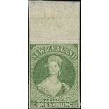 New Zealand1864 Watermark "NZ"Imperforate1/- green with sheet margin at top and good margins on