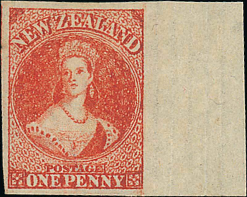 New Zealand1862-64 Watermark Large StarImperforate1d. carmine-vermilion with large sheet margin at