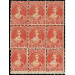 New Zealand1864-71 Watermark Large Star, Perf. 12½ at Auckland1d. carmine-vermilion block of nine,