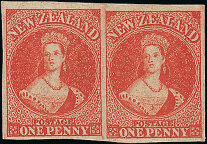 New Zealand1862-64 Watermark Large StarImperforate1d. carmine-vermilion horizontal pair with large