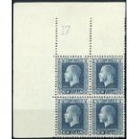 New Zealand1915-33 King George V IssuesPlate Numbers2½d. blue, "Cowan" paper, a top left corner