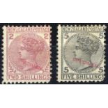 New Zealand1874-78 First Sideface IssueWatermark "NZ" and Star, Perf. 12x11½2/- deep rose and 5/-