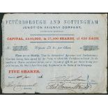 Peterborough and Nottingham Junction Railway Co. scrip certificate for 5 shares of £20 , £2 2s per