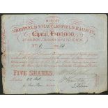 Direct Sheffield & Macclesfield Railway, scrip certificate for 5 shares of £20, £2 2s paid, London