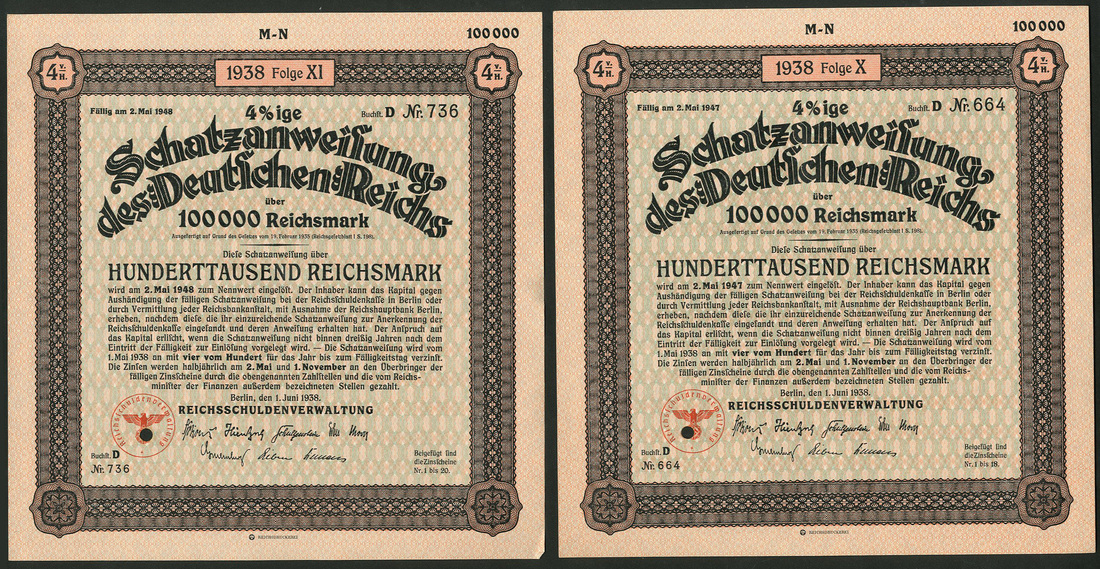 Schatzanweisung des Deutschen Reichs 1938 / Nazi-Treasury Bill 1938, a group of 199 x 4½%