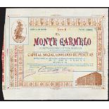 Spain: El Monte Carmelo, 500 Peseta share 'serie B', Santander 1910, no.0364, ornate tile style