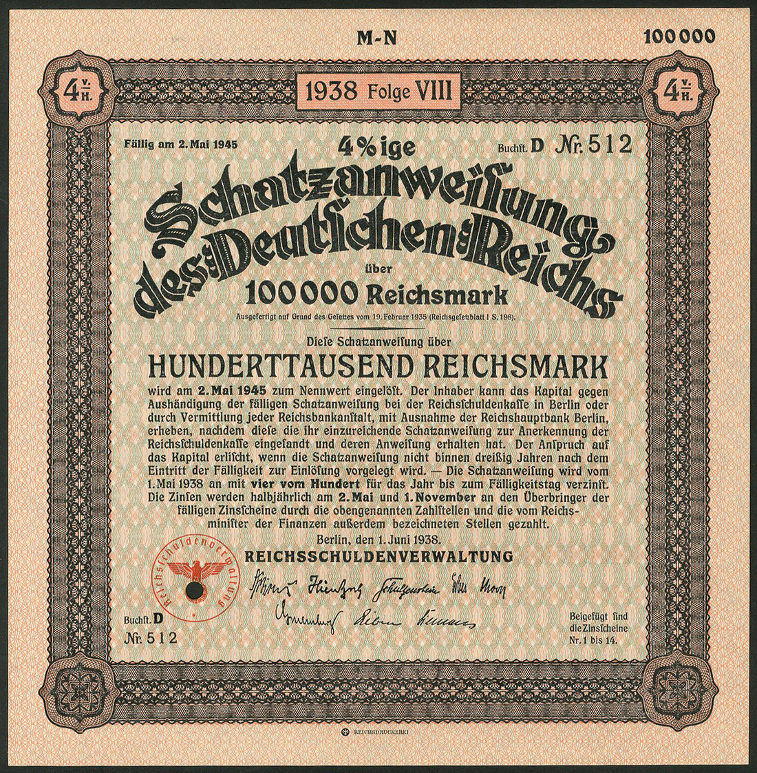 Schatzanweisung des Deutschen Reichs 1938 / Nazi-Treasury Bill 1938, a group of 199 x 4½% - Image 5 of 6