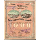 Sweden: Malmö -Ystads -Jernvågs AB, 1000 kroner share, 1873, no.584 Lit C, two attractive dockside