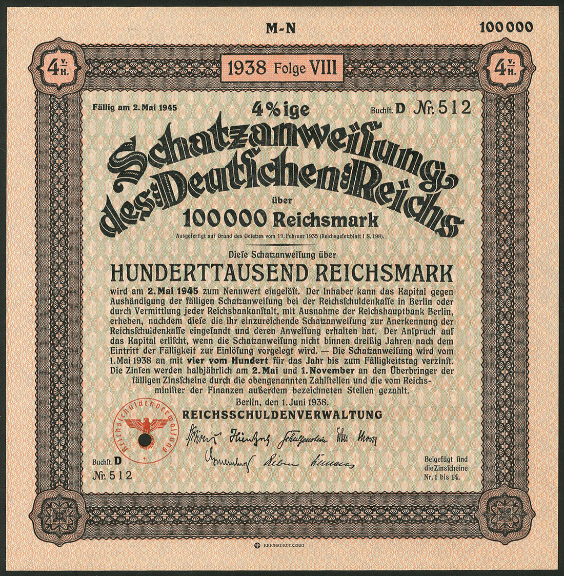 Schatzanweisung des Deutschen Reichs 1938 / Nazi-Treasury Bill 1938, a group of 199 x 4½% - Image 4 of 6