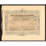 Spain: Caja Universal de Capitales, founders certificate, Madrid 1859, no.121, ornate border with '