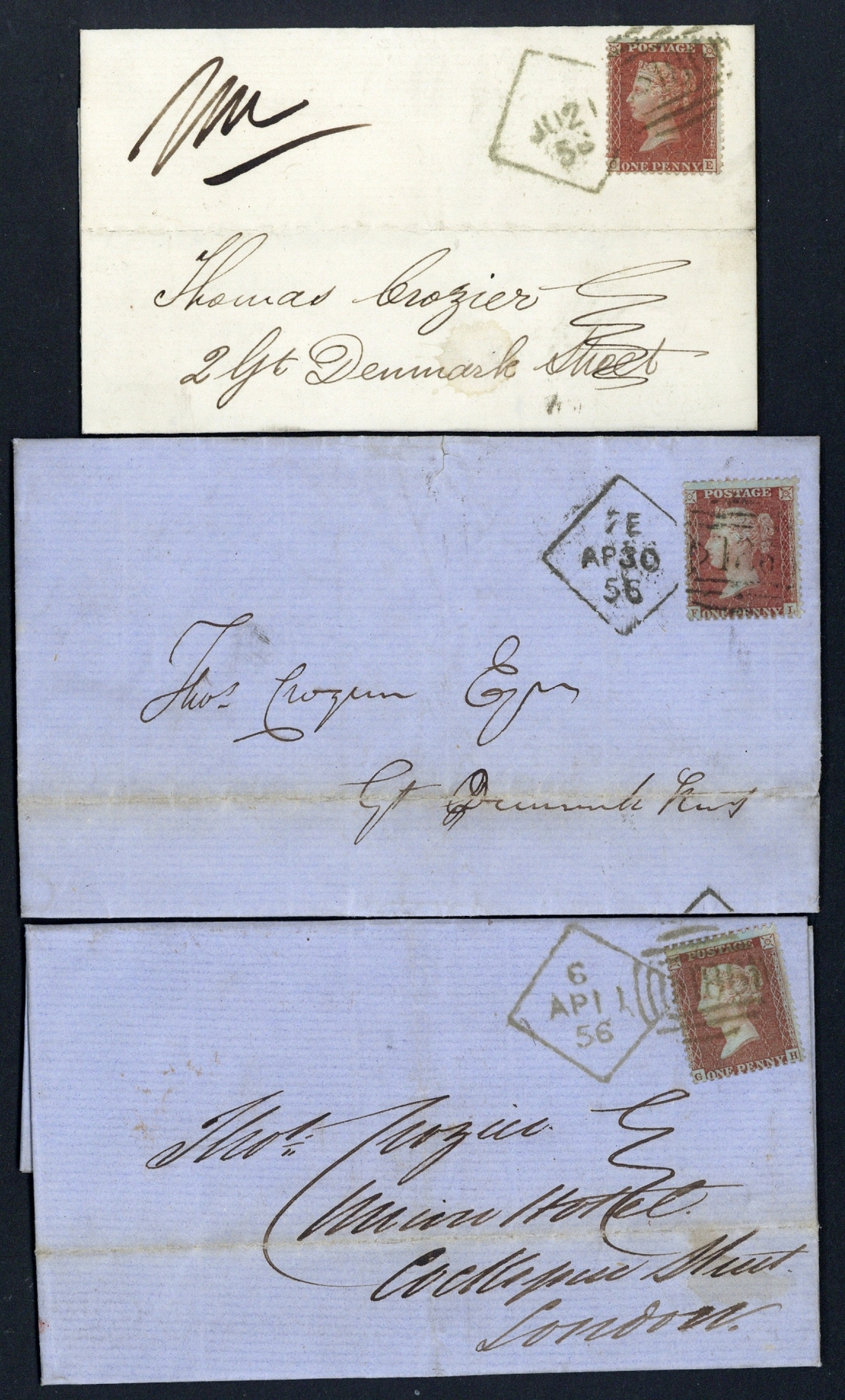 Great BritainPostal History1856, three entire letters, ex the same correspondence, franked 1d. and