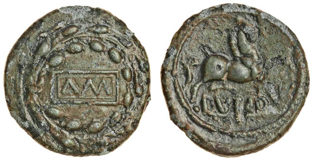 Celtic, Cantii, Amminus, (c.30-40 AD), bronze Unit, 2.21g, 'Wreath Box' type, am in panel, wreath