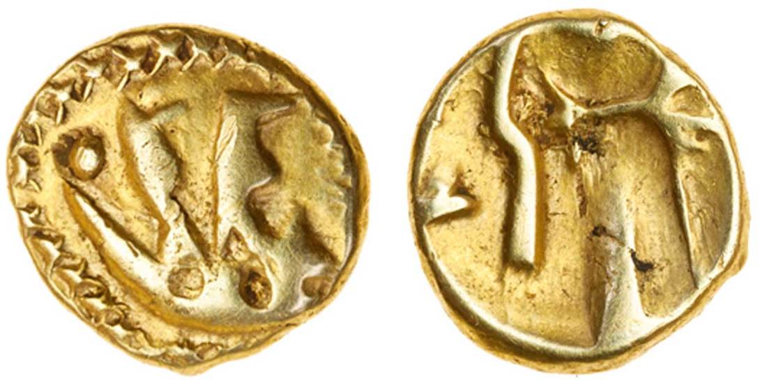 Celtic, Gallo-Belgic, imported coinage, (c.60-80 BC), gold Quarter Stater, 1.47g, 'Boat Tree'