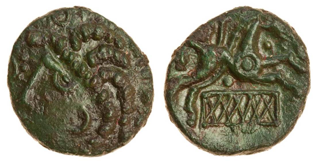 Celtic, Cantii, Dubnovellaunus, (c.25 BC-AD 5), bronze Unit, 1.81g, 'Dreadlocks' type, bust left