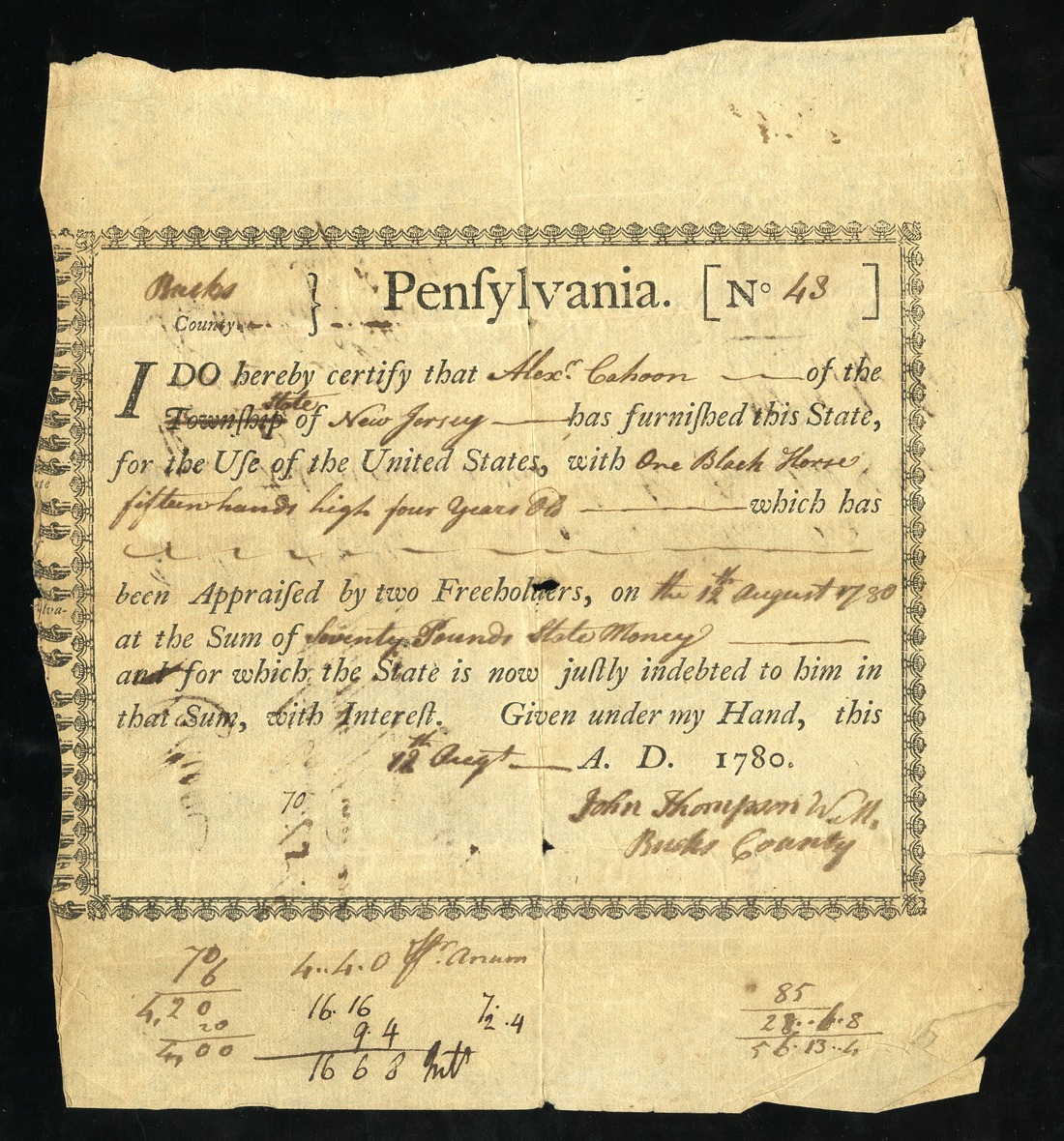 American Revolution; Bucks County, PA history. Printed Revolutionary War Bond, receipt No. 48 from