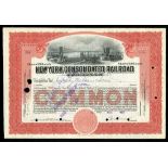New York Consolidated Railroad (NY), $100 shares, both 1917, red, ships under the Brooklyn Bridge,