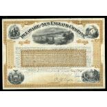 Delaware and New England Company, (DE), $100 shares, 1895, No. 628, brown frame, trains cross the