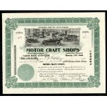 Motor Craft Shops (DE), $10 shares, 1920, No. 207, green border, wonderful scene of 1920s