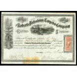 Roberts Petroleum Torpedo Company (PA), $10 shares, 1865, No. 106, oil towers and tanks, center, a