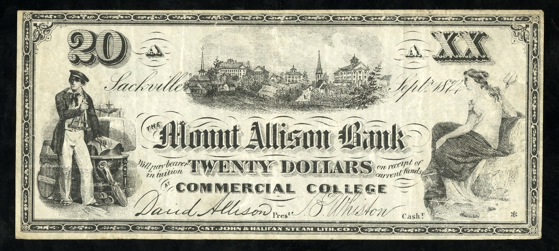 College Currency. Canada. Mount Allison Bank/Commercial College. Sackville, New Brunswick. 20