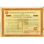 1918 8% Treasury ‘Marconi’ Bill, two bonds for £100, no. 000818, with reattached coupons, ornate