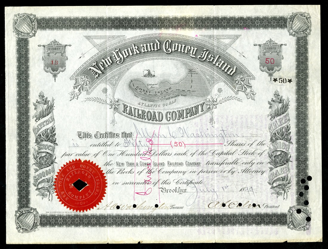New York and Coney Island Railroad Company, (NY) Brooklyn $100 shares, 1879, No. 13, steamship,