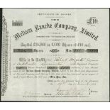 Melissa Ranch Company Limited, £10 shares, 188[4], #851-855, scrollwork at left, embossed seal low