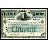 Chicago, Wisconsin and Minnesota Railroad Company, 18 shares, 1886, No. 14, green underprint, ship